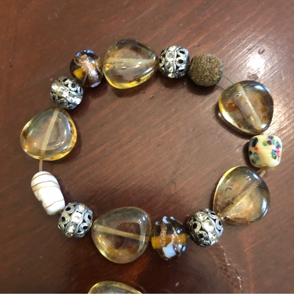 Boho Amber/Brown/Silver Chunky Beaded Stretch Bracelet - Picture 6 of 15